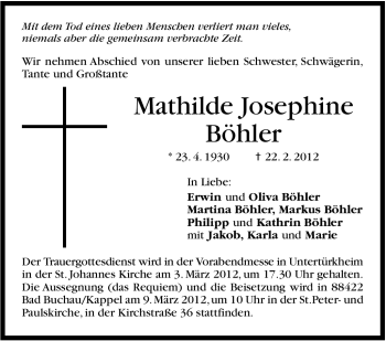Traueranzeige von Mathilde Josephine Böhler von Stuttgarter Zeitung / Stuttgarter Nachrichten