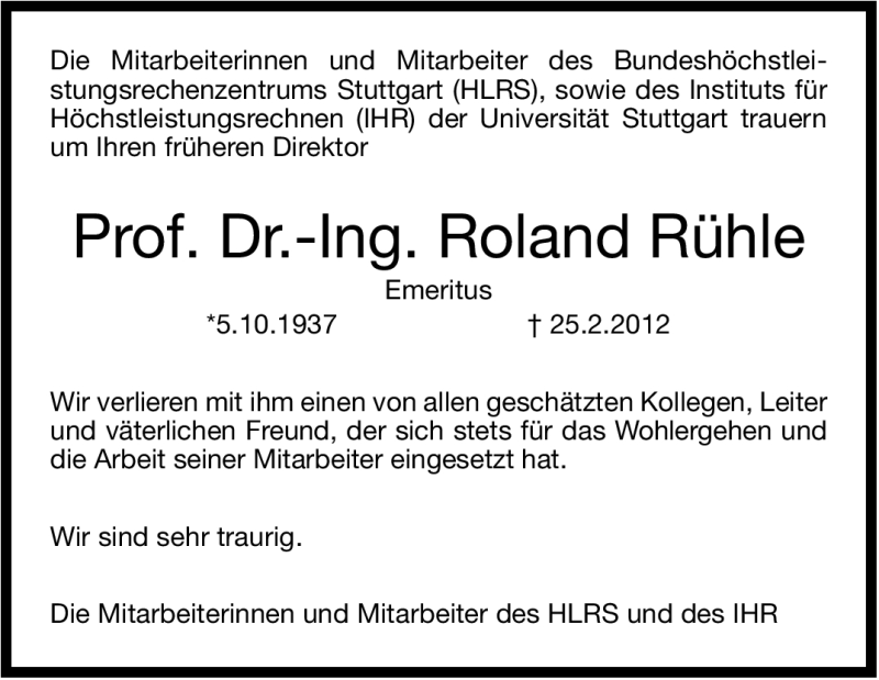  Traueranzeige für Roland Rühle vom 01.03.2012 aus Stuttgarter Zeitung / Stuttgarter Nachrichten