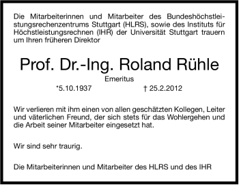 Traueranzeige von Roland Rühle von Stuttgarter Zeitung / Stuttgarter Nachrichten