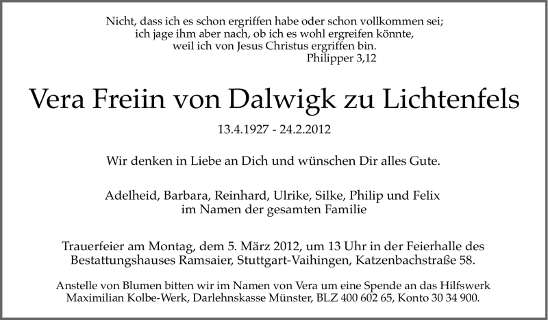  Traueranzeige für Vera Freiin von Dalwigk zu Lichtenfels vom 01.03.2012 aus Stuttgarter Zeitung / Stuttgarter Nachrichten
