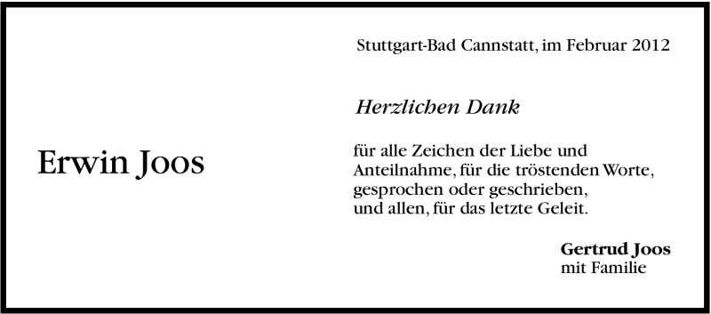  Traueranzeige für Erwin Joos vom 03.03.2012 aus Stuttgarter Zeitung / Stuttgarter Nachrichten