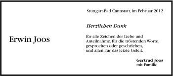 Traueranzeige von Erwin Joos von Stuttgarter Zeitung / Stuttgarter Nachrichten