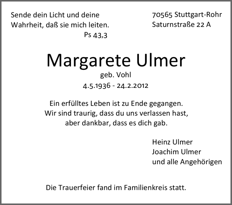 Traueranzeige für Margarete Ulmer vom 03.03.2012 aus Stuttgarter Zeitung / Stuttgarter Nachrichten