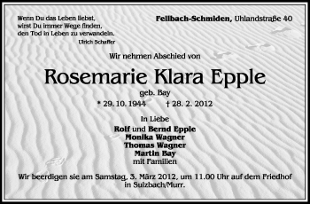 Traueranzeige von Rosemarie Klara  Epple von Stuttgarter Zeitung / Stuttgarter Nachrichten