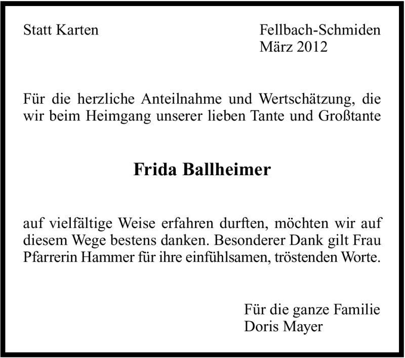  Traueranzeige für Frida Ballheimer vom 03.03.2012 aus Stuttgarter Zeitung / Stuttgarter Nachrichten
