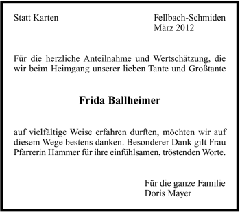 Traueranzeige von Frida Ballheimer von Stuttgarter Zeitung / Stuttgarter Nachrichten