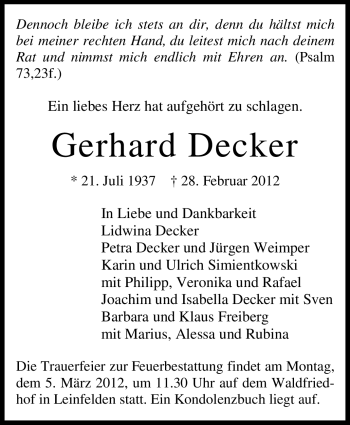 Traueranzeige von Gerhard Decker von Stuttgarter Zeitung / Stuttgarter Nachrichten