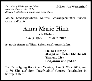 Traueranzeige von Anna Marie Hinz von Stuttgarter Zeitung / Stuttgarter Nachrichten