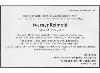 Traueranzeige von Werner Reimold von Stuttgarter Zeitung / Stuttgarter Nachrichten