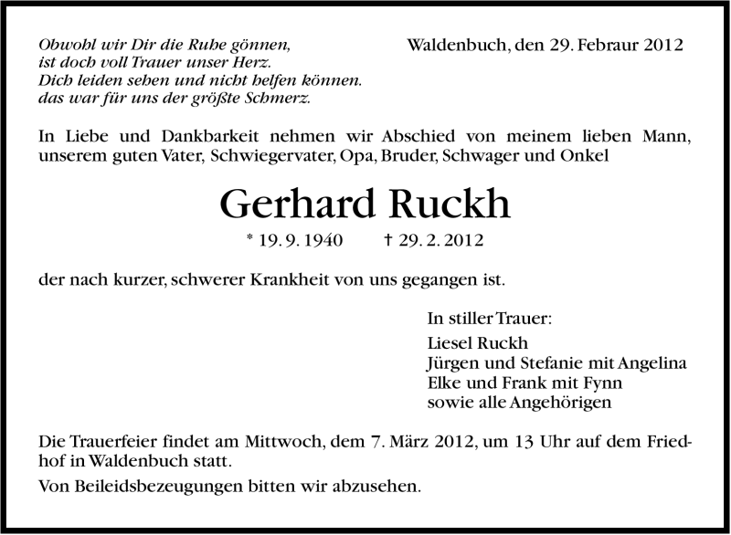  Traueranzeige für Gerhard Ruckh vom 02.03.2012 aus Stuttgarter Zeitung / Stuttgarter Nachrichten