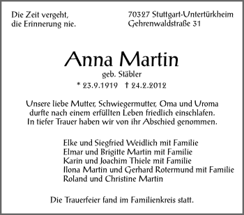 Traueranzeige von Anna Martin von Stuttgarter Zeitung / Stuttgarter Nachrichten