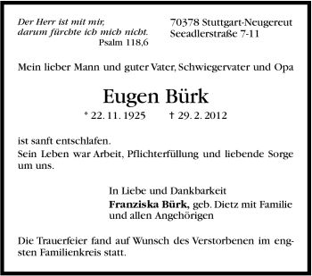 Traueranzeige von Eugen Bürk von Stuttgarter Zeitung / Stuttgarter Nachrichten