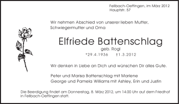 Traueranzeige von Elfriede Battenschlag von Stuttgarter Zeitung / Stuttgarter Nachrichten