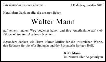 Traueranzeige von Walter Mann von Stuttgarter Zeitung / Stuttgarter Nachrichten