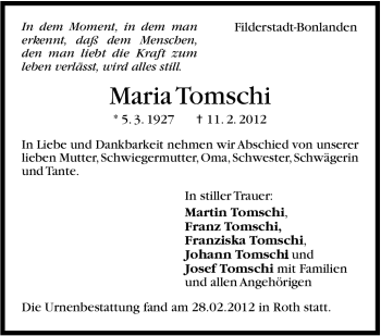 Traueranzeige von Maria Tomschi von Stuttgarter Zeitung / Stuttgarter Nachrichten