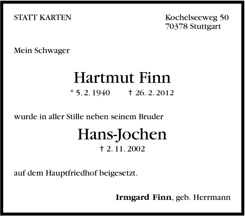  Traueranzeige für Hartmut Finn vom 06.03.2012 aus Stuttgarter Zeitung / Stuttgarter Nachrichten