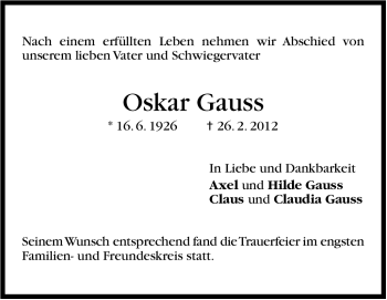 Traueranzeige von Oskar Gauss von Stuttgarter Zeitung / Stuttgarter Nachrichten