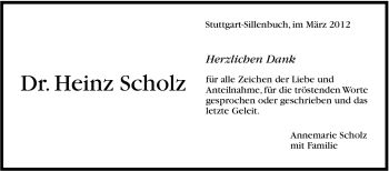 Traueranzeige von Heinz Scholz von Stuttgarter Zeitung / Stuttgarter Nachrichten