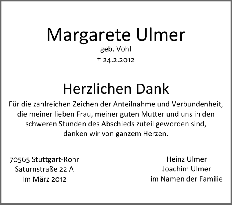  Traueranzeige für Margarete Ulmer vom 10.03.2012 aus Stuttgarter Zeitung / Stuttgarter Nachrichten