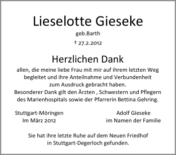 Traueranzeige von Lieselotte Gieseke von Stuttgarter Zeitung / Stuttgarter Nachrichten
