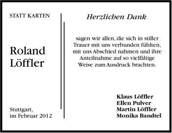 Traueranzeige von Roland Löffler von Stuttgarter Zeitung / Stuttgarter Nachrichten
