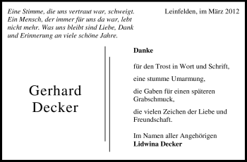 Traueranzeige von Gerhard Decker von Stuttgarter Zeitung / Stuttgarter Nachrichten