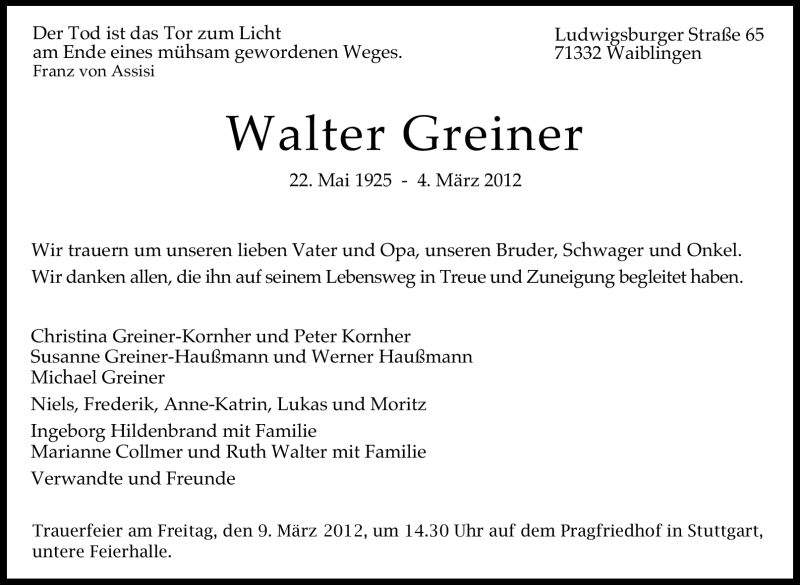  Traueranzeige für Walter Greiner vom 07.03.2012 aus Stuttgarter Zeitung / Stuttgarter Nachrichten