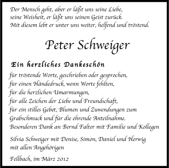 Traueranzeige von Peter Schweiger von Stuttgarter Zeitung / Stuttgarter Nachrichten