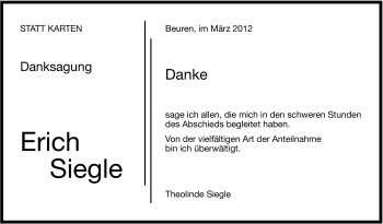 Traueranzeige von Erich Carl Siegle von Stuttgarter Zeitung / Stuttgarter Nachrichten