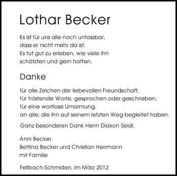 Traueranzeige von Lothar Becker von Stuttgarter Zeitung / Stuttgarter Nachrichten