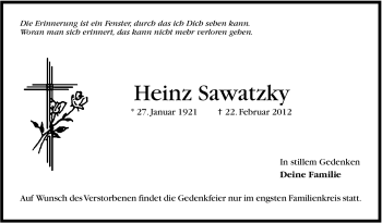 Traueranzeige von Heinz Sawatzky von Stuttgarter Zeitung / Stuttgarter Nachrichten