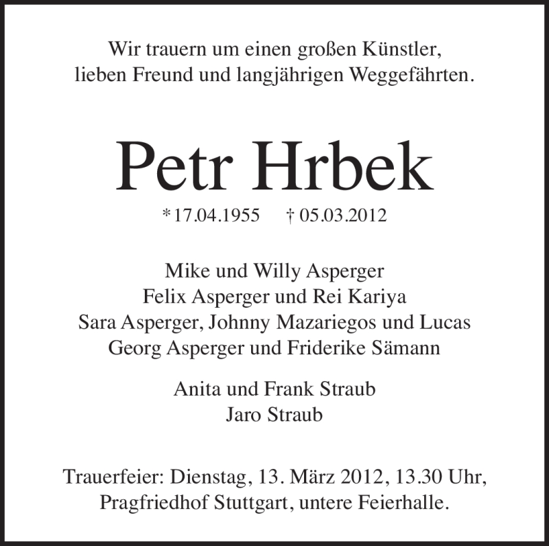  Traueranzeige für Petr Hrbek vom 10.03.2012 aus Stuttgarter Zeitung / Stuttgarter Nachrichten