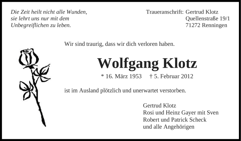  Traueranzeige für Wolfgang Klotz vom 09.03.2012 aus Stuttgarter Zeitung / Stuttgarter Nachrichten