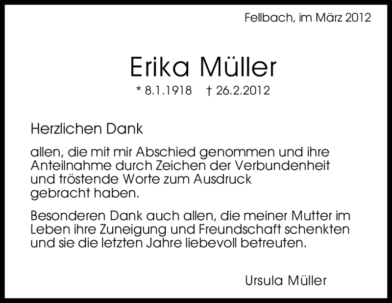  Traueranzeige für Erika Müller vom 10.03.2012 aus Stuttgarter Zeitung / Stuttgarter Nachrichten