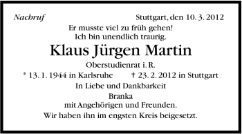 Traueranzeige von Klaus Jürgen Martin von Stuttgarter Zeitung / Stuttgarter Nachrichten