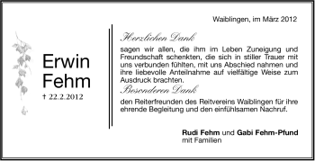 Traueranzeige von Erwin Fehm von Stuttgarter Zeitung / Stuttgarter Nachrichten
