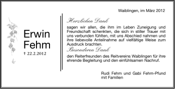 Traueranzeige von Erwin Fehm von Stuttgarter Zeitung / Stuttgarter Nachrichten