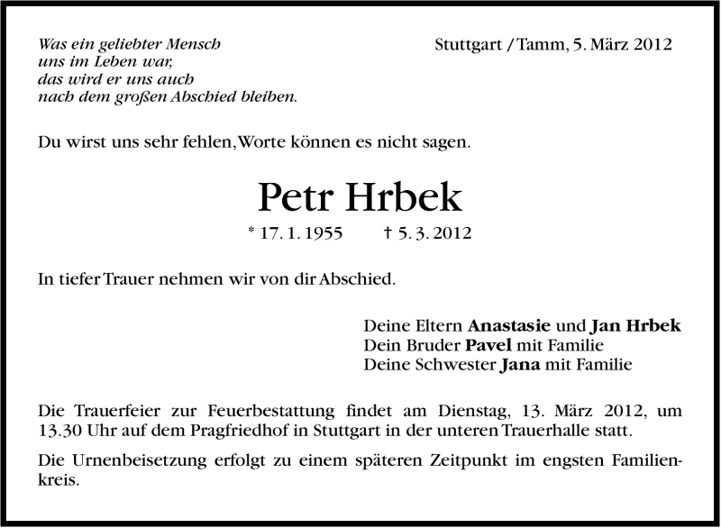  Traueranzeige für Petr Hrbek vom 12.03.2012 aus Stuttgarter Zeitung / Stuttgarter Nachrichten