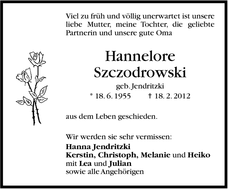  Traueranzeige für Hannelore Szczodrowski vom 13.03.2012 aus Stuttgarter Zeitung / Stuttgarter Nachrichten