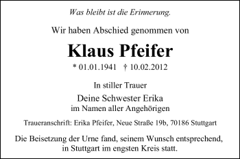 Traueranzeige von Klaus Pfeifer von Stuttgarter Zeitung / Stuttgarter Nachrichten