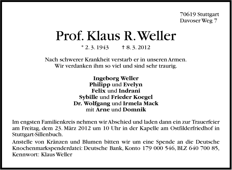  Traueranzeige für Klaus Weller vom 14.03.2012 aus Stuttgarter Zeitung / Stuttgarter Nachrichten