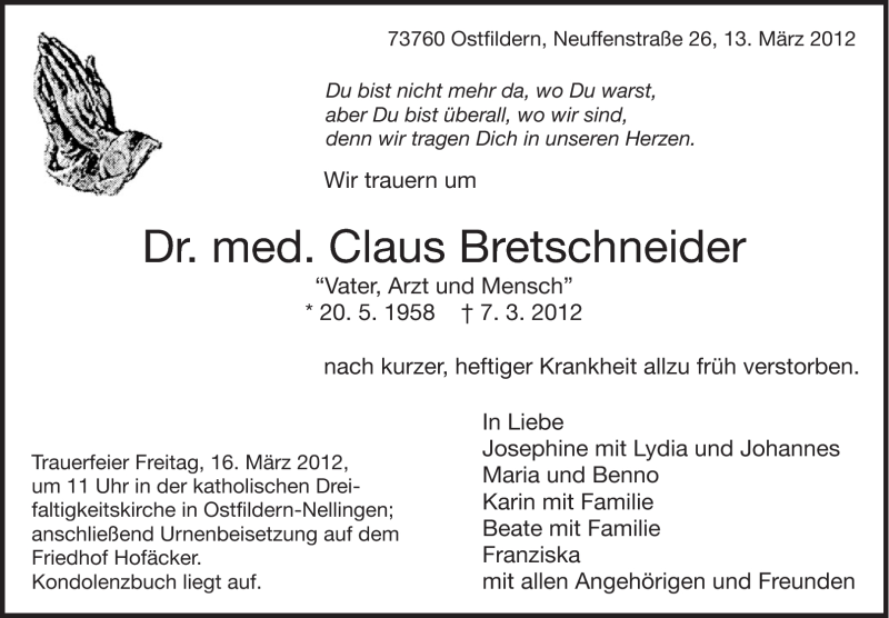  Traueranzeige für Claus Brettschneider vom 13.03.2012 aus Stuttgarter Zeitung / Stuttgarter Nachrichten