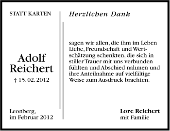Traueranzeige von Adolf Reichert von Stuttgarter Zeitung / Stuttgarter Nachrichten