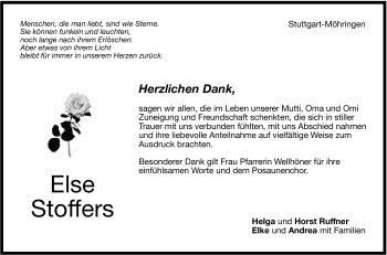 Traueranzeige von Else Stoffers von Stuttgarter Zeitung / Stuttgarter Nachrichten