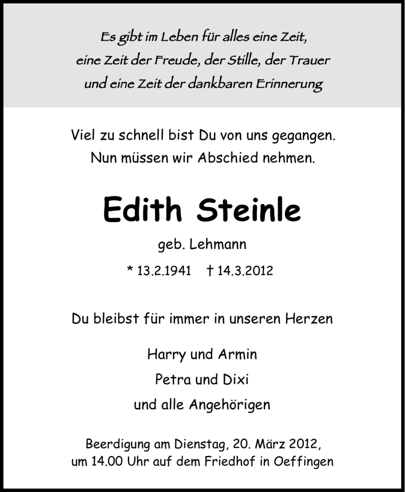  Traueranzeige für Edith Steinle vom 16.03.2012 aus Stuttgarter Zeitung / Stuttgarter Nachrichten