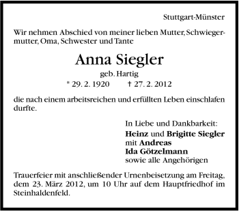 Traueranzeige von Anna Siegler von Stuttgarter Zeitung / Stuttgarter Nachrichten