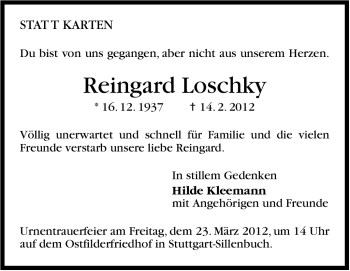 Traueranzeige von Reingard Loschky von Stuttgarter Zeitung / Stuttgarter Nachrichten