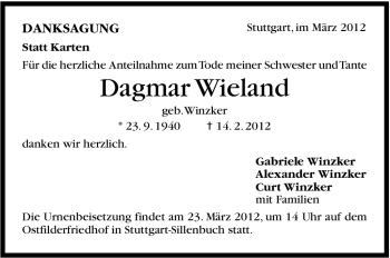 Traueranzeige von Dagmar Wieland von Stuttgarter Zeitung / Stuttgarter Nachrichten