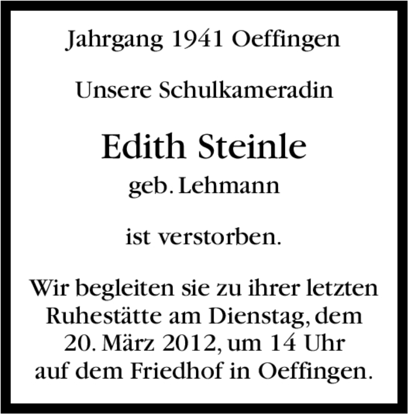  Traueranzeige für Edith Steinle vom 17.03.2012 aus Stuttgarter Zeitung / Stuttgarter Nachrichten