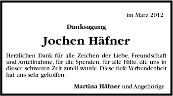 Traueranzeige von Jochen Häfner von Stuttgarter Zeitung / Stuttgarter Nachrichten